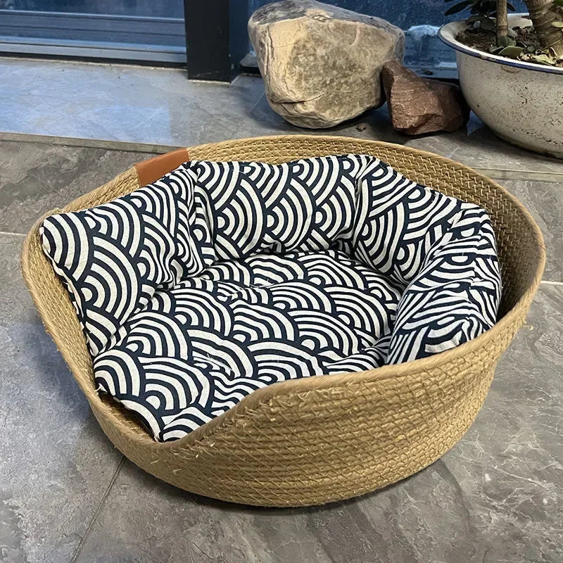 Cozy Bamboo Weave Pet Bed - Waterproof, Removable Cushion for All Seasons
