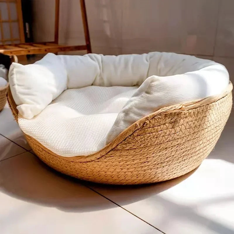 Cozy Bamboo Weave Pet Bed - Waterproof, Removable Cushion for All Seasons