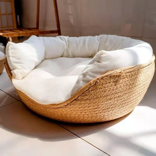 Cozy Bamboo Weave Pet Bed - Waterproof, Removable Cushion for All Seasons