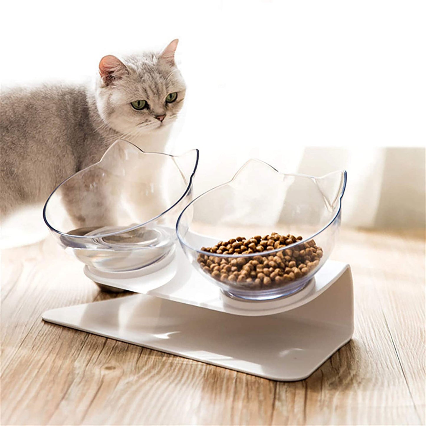 Non-Slip Raised Cat Bowl with Stand - Ergonomic Pet Feeder for Cats and Dogs, Transparent Design