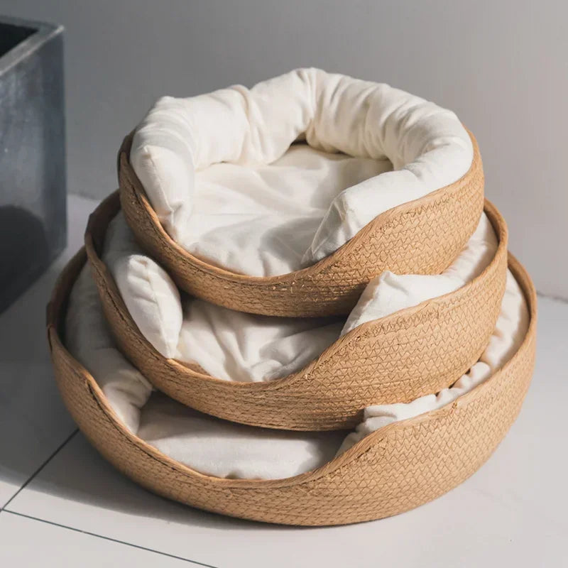Cozy Bamboo Weave Pet Bed - Waterproof, Removable Cushion for All Seasons
