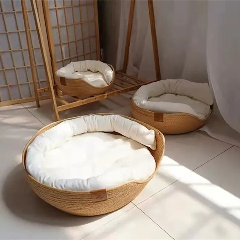 Cozy Bamboo Weave Pet Bed - Waterproof, Removable Cushion for All Seasons